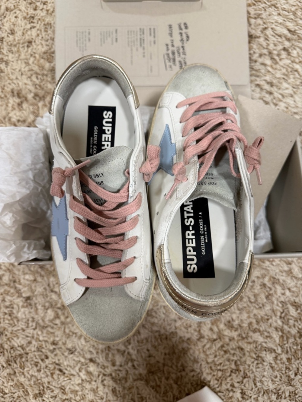 Golden Goose Super Star Low White Sneakers with Blue Star and Pink Laces - Picture 2 of 3